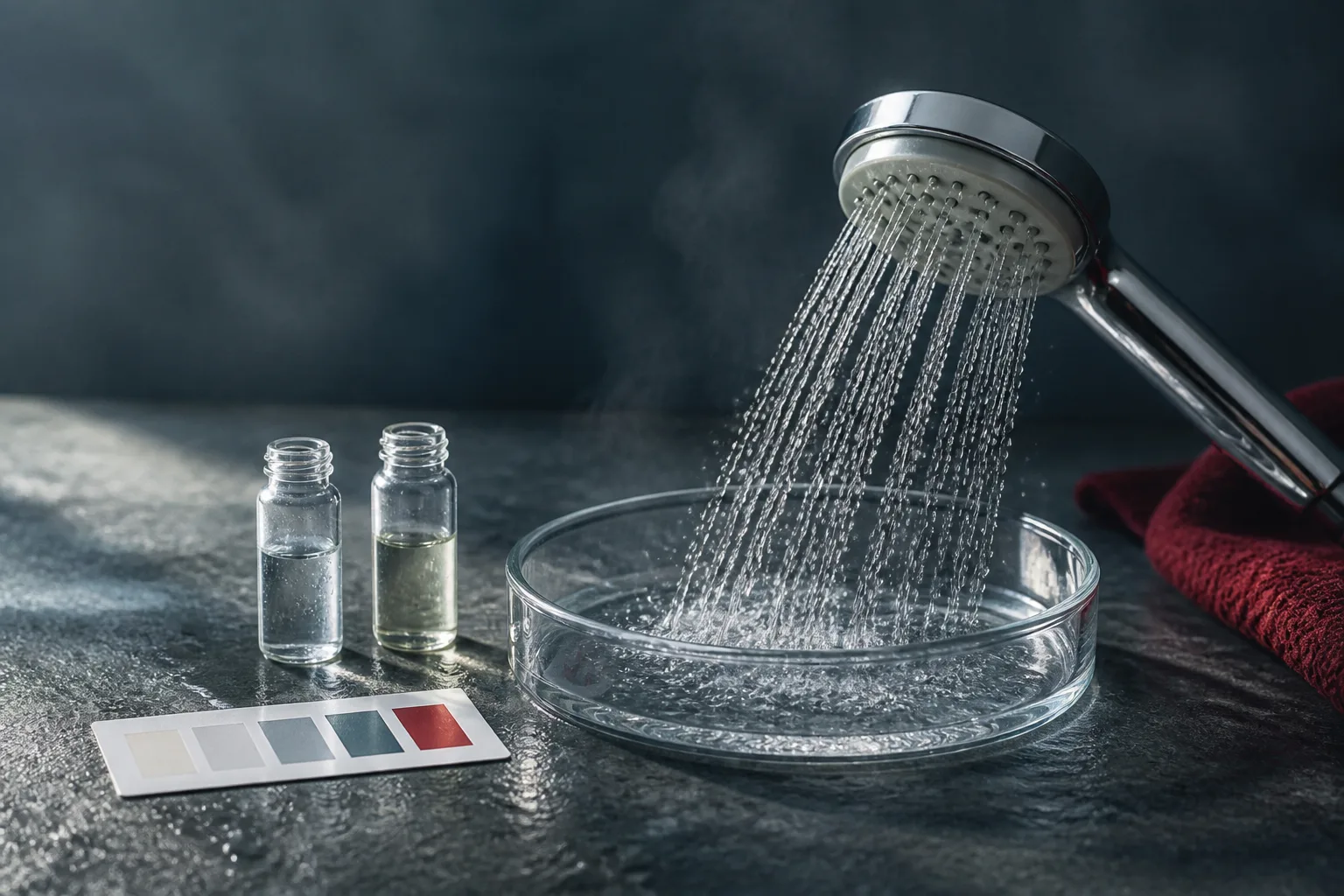 Duschkopf, Wasserprobe und Vergleichsskala auf einer dunklen Arbeitsfläche